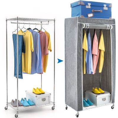 Tatkraft Buffalo Grey closet with 2 shelves and fabric cover on wheels, robust clothes rail