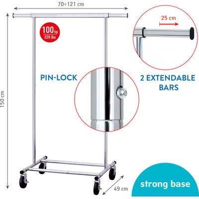 Tatkraft Darren heavy duty clothes rack foldable 70-121 x 150 x 49 cm mobile, max. 100 kg, chrome-plated Bild 3