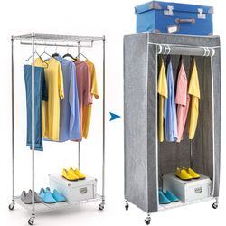 Tatkraft Buffalo Grey Armoire avec 2 étagères et revêtement en tissu sur roulettes, tringle à vêtements robuste