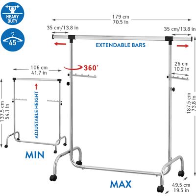 Tatkraft Falcon clothes rack 106-179 x 137.5-187.5 x 49.5 cm mobile, max. 80 kg, chrome-plated Bild 2