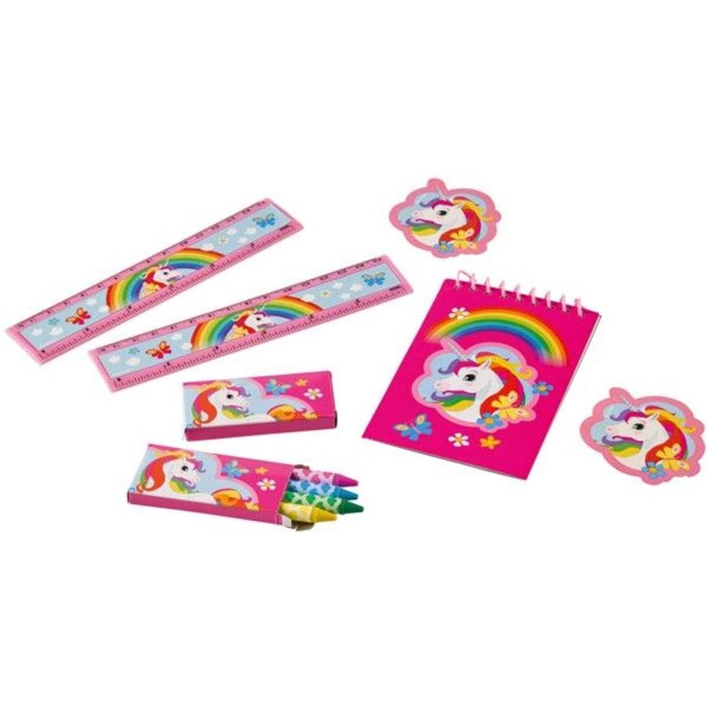 Amscan Schreibset Einhorn 20-teilig 5x Lineal, 5xSchreibblock, 5xWachsmalstifte, 5xStickers Bild 1