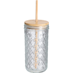 Zeller Present Trinkglas Struktur mit Bambusdeckel und Glastrinkhalm ø 8.9x16.4 cm