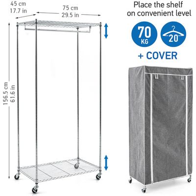 Tatkraft Buffalo Grey closet with 2 shelves and fabric cover on wheels, robust clothes rail Bild 2